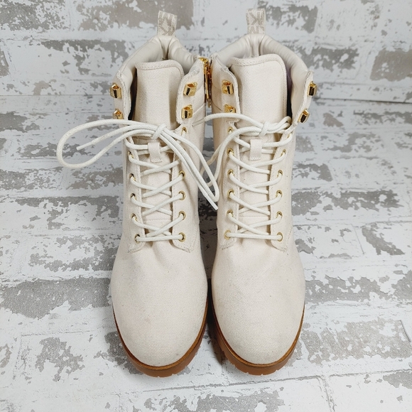 New New Michael Kors Light Cream Combat Textile Ankle Boots W381 - Picture 4 of 11